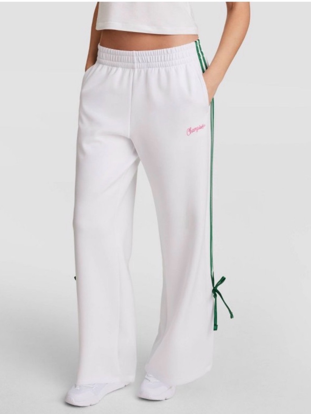 Champion White Wide-Leg Track Pants with Green Side Stripe Bow and Pink Logo